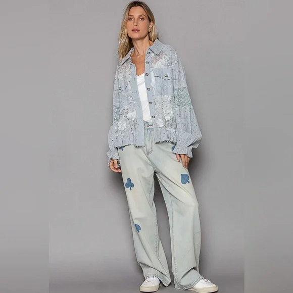 949. POL Shacket Jacket Top Women's Blue Lace Woven Balloon Sleeve Front Pockets - Picture 5 of 5